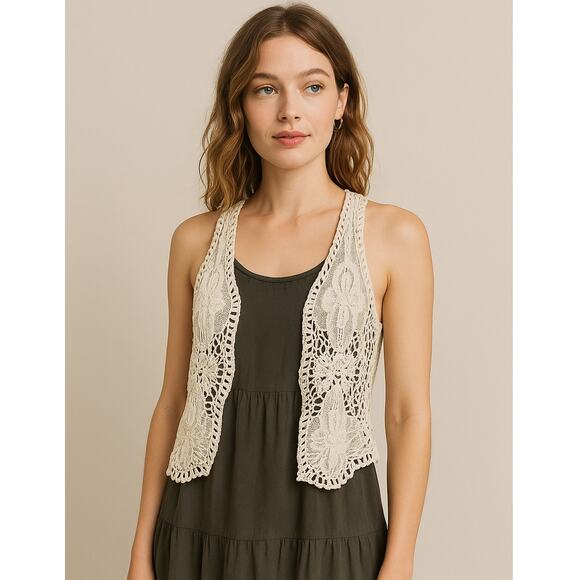 Swoon Cream Crochet Lace Vest 100% Cotton, Boho Festival Layering Piece S/M - Picture 1 of 6